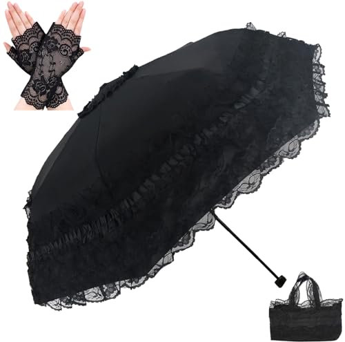 URAWESO Lolita Parasol gothique en dentelle noire bloquant les UV pour sorcière, cosplay, mariage, voyage, Halloween (doublure imprimée fleur)