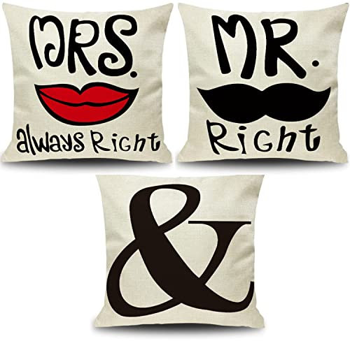 Mr & Mrs 3er Set Kissenbezüge Kissenbezug Zierkissenbezug Dekokissen Sofakissen Kissenüberwurf mit Reißverschluss für Couch Schlafzimmer Haus Hochzeit Deko,45 x 45 cmMR.Right+&+MRS.Always.Right