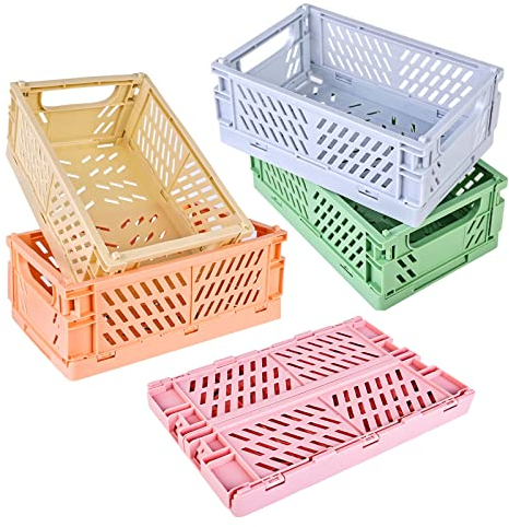 Mini Körbe Kunststoff Faltbox, 5 Stück Klappkisten Set, Faltbare Aufbewahrungskorb, Klappbox Mini für Kinderzimmer, Küche, Schlafzimmer, Büro, Arbeitszimmer, Badezimmer (Mehrfarbig)