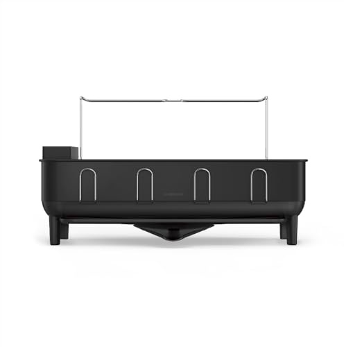 simplehuman Large Capacity Dish Drying Rack with Stainless Steel Frame, 360º Easy Drain Swivel Spout, Utensil & Wine Glass Holder, Anti-Residue Coating, Moisture Control Surface, Matte Black