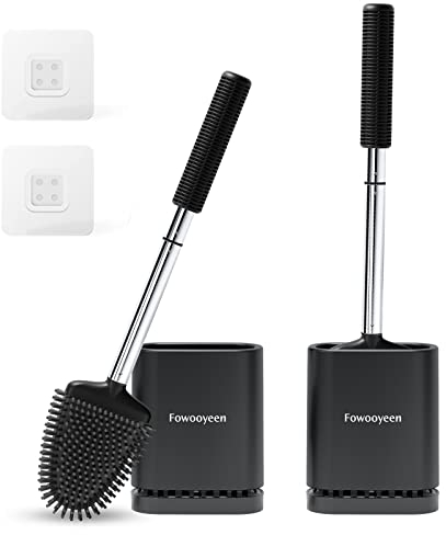 Fowooyeen Klobürste Silikon, Schwarze Toilettenbürste Wandmontage, Flach WC Bürste mit Herzformem Kopf, Elegante Stand Garnitur Set, Toilettenbürstenhalter ohne Bohren, Schwarz - 2er Set
