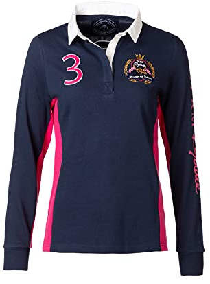 Rydale Ladies Rugby Shirt Women’s Long Sleeve Polo Shirt 100% Cotton Country Embroidered (Muston Navy/Bonbon, 12)