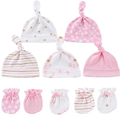 MAMIMAKA Baby Hats Mittens Set Cotton Beanie Caps and No Scratch Mitten Gloves for 0-6 Months
