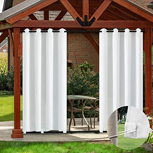 Rosnek Rideau Extérieur Imperméable, Rideaux Occultant avec Corde Thermiques Anti Chaleur Anti UV, Blanc Rideau Extérieur avec Onglet en Haut pour Pergola, Gazebo etc L 132 x H 213 cm, Lot de 1