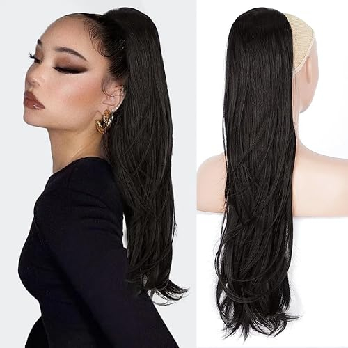 PORSMEER Lange Zopf Pferdeschwanz Haarteil Haarverlängerung mit Kordelzug Lang Glatt Wellig Natürliches Synthetik Haar Ponytail Extensions Schwarz für Frauen 65cm