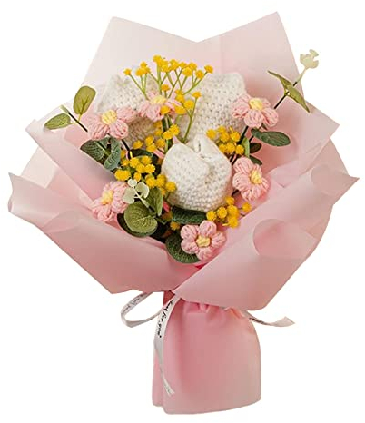 JISADER Gehäkelter Blumenstrauß, Gestrickte Blumenstrauß, Künstliche Blumenstrauß, Crochet Flower Bouquet, Knitted Flowers Bouquet für Muttertag Party Valentinstag, Rosa