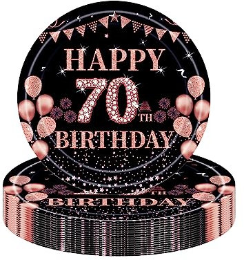 COSORO 16Pcs Black Rose Gold 70th Birthday Paper Plates 9'',Birthday Tableware Party Plate Disposable,Happy 70th Birthday Table decor Plates Birthday Gifts ,,Her 70th Birthday Décor