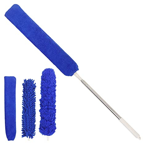 AMOS Telescopic Feather Duster With Washable 5 Piece Kit Extendable Rod Pole Microfiber Cloths Dust Brush, Blue