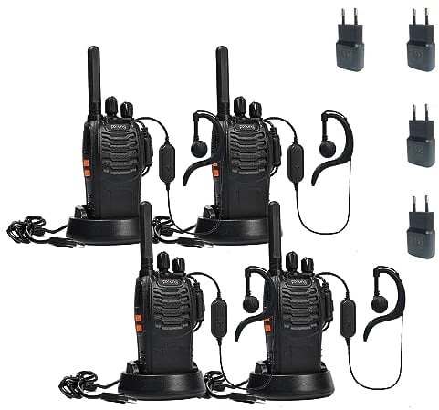Walkie Talkie PMR446 lizenzfreies Zwei-Wege-Funkgerät, pofung PT88E 16 Kanäle Professionelle wiederaufladbare Walkie Talkies mit großer Reichweite mit EU-Ladegerät und Hörmuscheln Schwarz 4 Stück