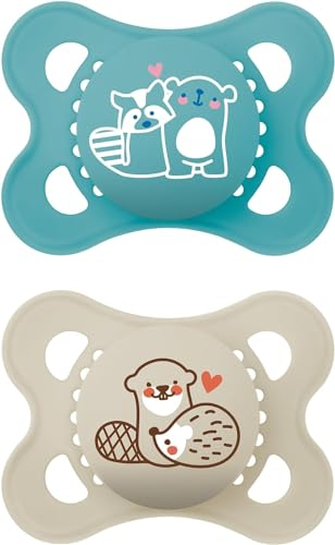 MAM Original Soothers | 0-6 Months | 2 Pack | Comes in Dummy Steriliser Case | Sustainable Materials | Baby Accessories for Newborn | Blue/Cream (Various Designs)