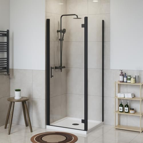 NRG 800 x 700mm Hinged Shower Enclosure Matte Black Framed Bathroom Cubicle Screen Door with Side Panel