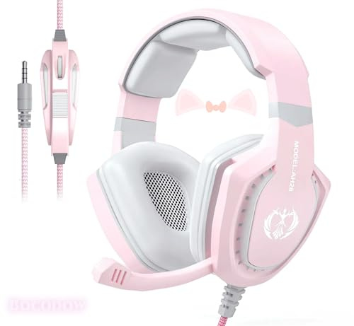Bocodow Cuffie da gioco rosa per ragazze e donne, con microfono, bassi, suono surround stereo, con cavo, cuffie sovrauricolari con microfono, per PC, Mac, computer, PS5, Xbox, PS4, laptop (rosa)