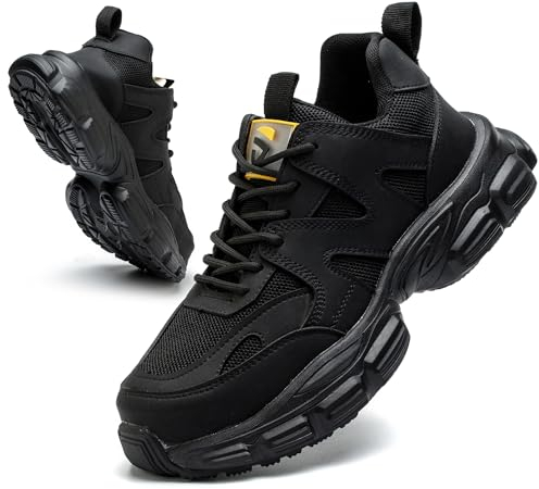 COOU Sicherheitsschuhe Herren Leicht Arbeitsschuhe Sportlich rutschfest Stahlkappenschuhe Atmungsaktiv Schutzschuhe C01 Schwarz 42