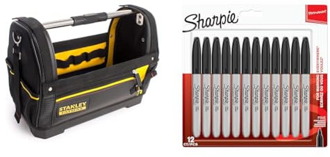 Stanley 1-93-951 Fatmax Open Tote Tool Bag, 48cm x 25cm x 33cm & Sharpie Permanent Markers | Fine Point for Bold Details | Black Ink | 12 Marker Pens