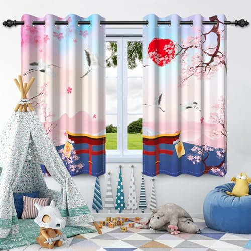 SDOTPMT 117x229cm Japan Frühling Scenery Blackout Vorhänge Berg Fuji Kirschblüten Turm Tempel Rot Sonne Weiß Kraniche Fenster Gardinen für Wohnzimmer Fenster Gardinen, 2 Panels
