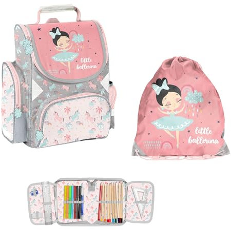 PASO 5-teiliges Schulset: Schulranzen + Turnbeutel + unbefüllte Federmappe + Trinkflasche + Brotdose - Ballerina