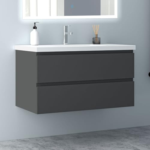 Biubiubath Badezimmermöbel 100cm Mineralguss Waschtisch mit Unterschrank Badmöbel Set Badezimmerschränke mit 2 Soft-Close Schubladen Dunkelgrau Matt