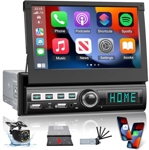Radio Pantalla Extraible para Coche 1 DIN con Carplay y Android Auto - Radio 1 DIN con Pantalla Táctil Abatible de 7 Pulgadas con Mirror Link, Radio FM, Entrada AUX/SD/USB + Cámara de Marcha Atrás