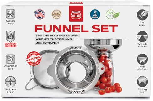 FORJARS Canning Funnel Set - with Strainer for Wide and Regular Mason Jars and Food Funnels for Transferring Oils - Durable, Small, Stainless Steel Kitchen Funnel Set - Canning Supplies Kit