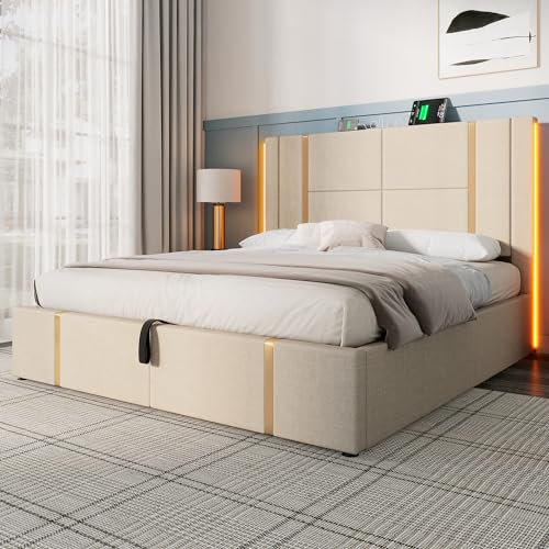 Merax Stauraumbett Polsterbett Hydraulisch Doppelbett 160×200cm, LED Funktionsbett mit USB Ladefunktion, höheres Kopfteil, Lattenrost aus Holz, Metallrahmen, Leinen, Jugendbett, ohne Matratze, Beige
