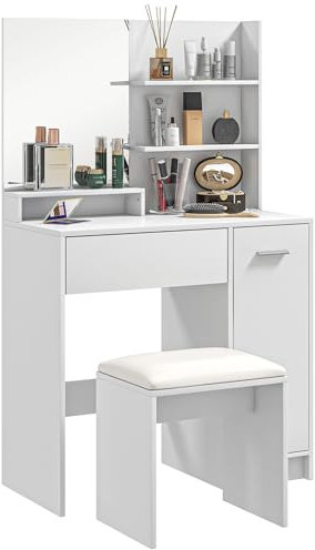 HOMCOM Dressing Table with Mirror and Stool, Vanity Table, Modern Makeup Desk with Drawer, Storage Cabinet and Adjustable Shelf for Bedroom, White
