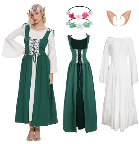 YRTBGD Mittelalter Kleidung Damen,Renaissance Kleid mit Elfenohren Waldelfen Kopfschmuck-Halloween Karneval Kostüm Damen (Grün, XL)