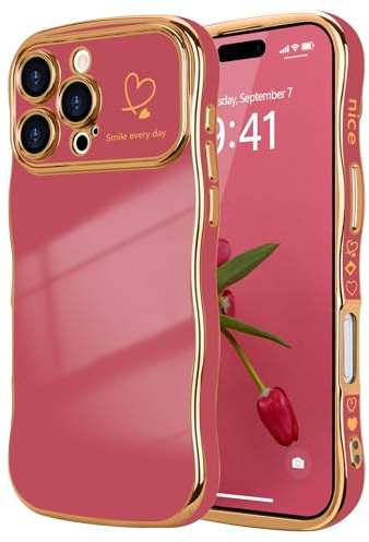 LCHULLE for iPhone 16 Pro Case Cute for Women Girls Wavy, Faint Red | Luxury Plating Curly Wave Shape Frame with Love Heart Pattern, Raised Camera Protection Back Cover Shockproof Phone Case