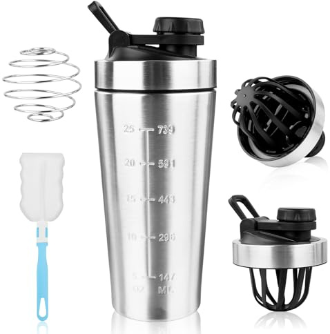 Proteinshaker i rostfritt stål med kula, 750 ml shaker proteinshake med bärhandtag och skala för mätning, proteinflaska shaker för sport fitness