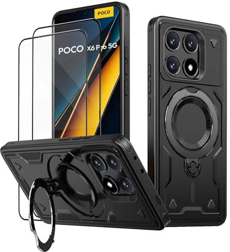 KANSi Cover per Xiaomi Poco X6 Pro 5G con Vetro Temperato*2, Custodia Protettiva per Smartphone con Anello Rotante - Antiurto Bumper Nero