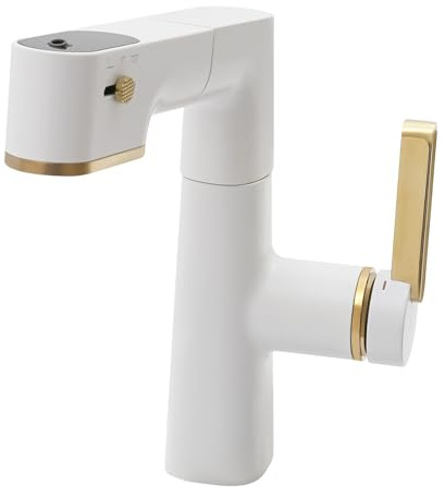 Kaichenyt Robinet de salle de bain avec boule de gravité - Modes de distribution d'eau - 3 pivotants à 360° - Pour salles de bains - 23,2 x 19 cm - Blanc mat, doré