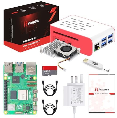 iRasptek Raspberry Pi 5 16GB Starter Kit-Edición OS-Bookworm de 64GB preinstalada (Caja Rojo y Blanco)