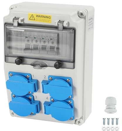 Hebitod Wandverteiler mit 4x Schuko-Steckdosen und CEE-Steckdosen 16A Verteiler mit FI-Schalter, Baustellenverteiler, Innen-/Außenverteiler