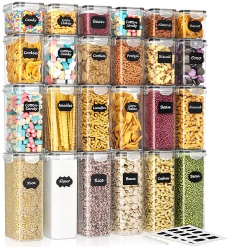 SavvyStor 24 PCS Food Storage Containers, Kitchen Storage, 42L BPA Free Pantry Organizers and Storage Plastic Leak-Proof Canisters for Cereal Dry Food, Flour and Sugar Includes 24 Labels