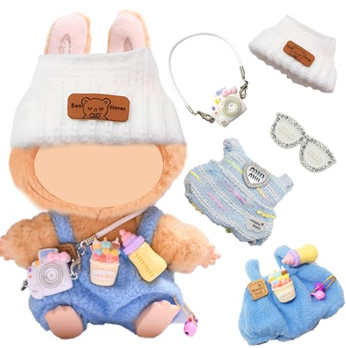 5 Stück Kleidung für Puppe, 17 cm Puppenkleidung Zubehör mit Blauem Overall Weißer Bärenmütze Mini Kamera Rucksack Brillenhaarnadel Geeignet für Jungen Mädchen Geschenk (Ohne Puppe)