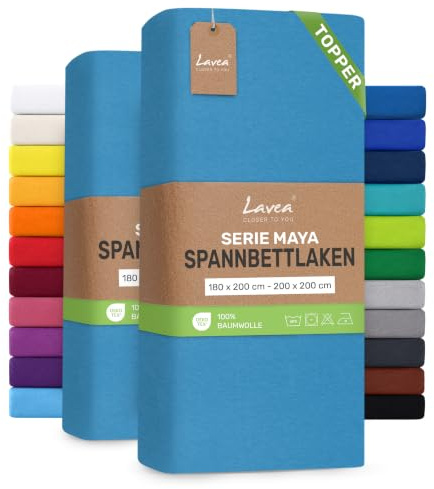 Lavea® 2er Pack Topper Spannbettlaken 180/200x200cm – Himmelblau | 100% Baumwolle Jersey – Für Topper bis 12 cm Höhe – Weich, Formstabil und Langlebig