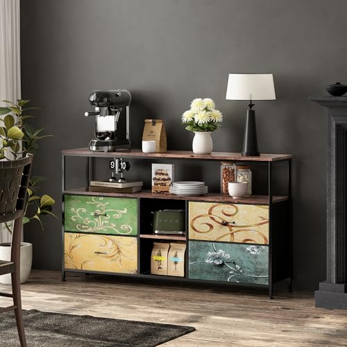 FEEOHOME - Mueble de TV LED, soporte para TV de 42 pulgadas, mesa de TV con 4 cajones de madera y estantes de almacenamiento, marco de acero, para salón o dormitorio, colorido