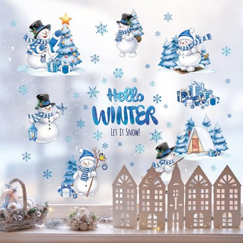 FUFUQUARE Autocollants Muraux de Noël Bonhomme de Neige Bleu et Blanc Hiver Flocons de Neige Stickers Muraux pour Fenêtres Décorations pour Fête de Salon Fournitures de Bureau