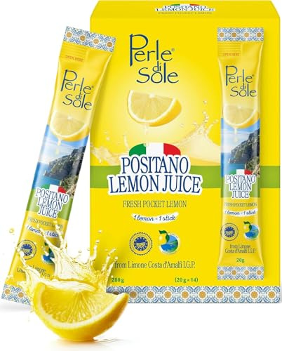 Perle di Sole – Positano Lemon Juice in Stick, 14 Astucci da 20 ml | Vero Succo di Limone Costa d’Amalfi I.G.P. 100% Italiano – Pratico e Naturale, Made in Italy
