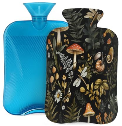 Myfsucce 2L Hot Water Bottle with Cover Forest Mushroom Leaves Print - Reusable PVC Hot Water Bag for Pain Relief, Cramps & Warmth (12.2x8in)