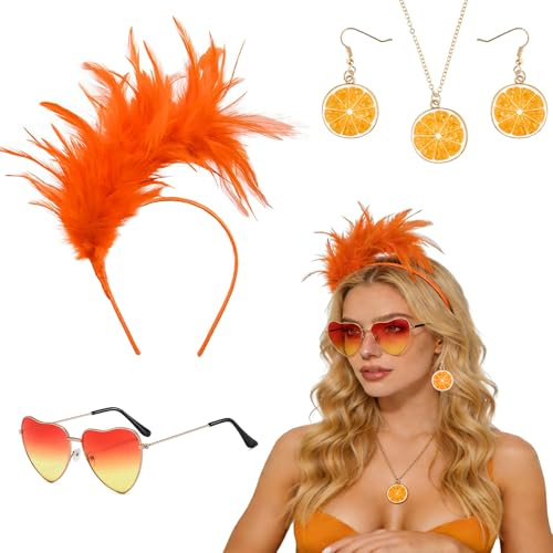 Forbabe Karneval Kostüm Damen Accessoires, 4 Teiliges Orange Kostüm Zubehör | Orange Feder Haarreif Herz Sonnenbrille Lustige Ohrringe Halskette Faschingskostüme für Cosplay Party Sommerfeste