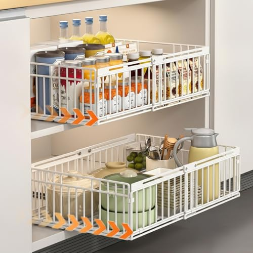 2 Pack Expandable Pull Out Cabinet Organisers No Drill, Pull Out Kitchen Storage, Slide Out Drawer Organiser Cupboard for Kitchen, Under Sink, Pantry, Bathroom, Adjustable Width 30cm to 51cm, White