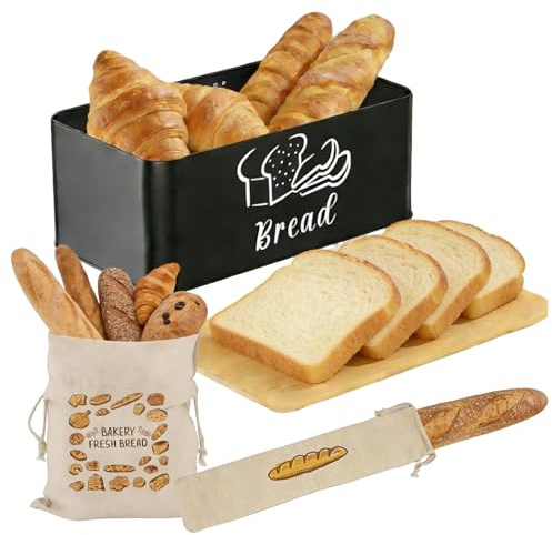 ASOUUNLD Panera para Pan, Caja de Pan de Metal Negro Panera de Metal con Tapa de Tabla de Cortar de Bambú Paneras Diseño Vintage con 2 Bolsa Pan para Una Larga Frescura (33x18.5x13.7cm)