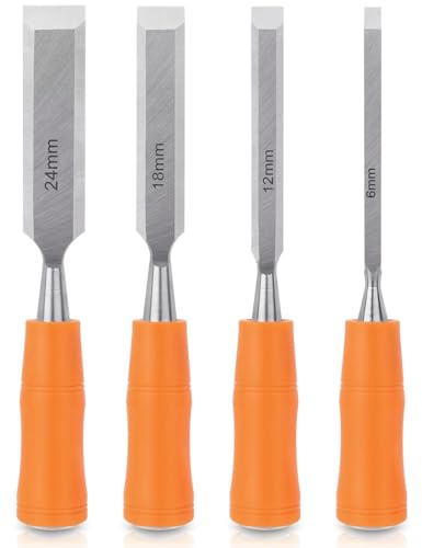 4-Piece Woodworking Chisel Set, Slanted Wood Carving Tool Set (Including 6/12/18/24mm), Ergonomic Handle, Professional DIY Carving Chisel