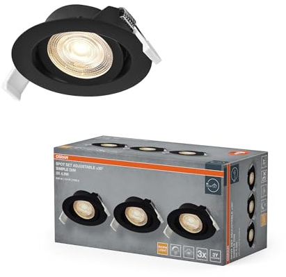 Osram Spot Set LED Einbaustrahler Simple DIM, 4,9W 827 Schwarz, 3er Set dimmbar Wandschalter, warmweiß 2700K