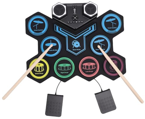 Fockety Elektronisches Schlagzeug Set, Aufrollbares Übungs Schlagzeug Pad mit 2 Pedalen, 2 Sticks, Zwei Lautsprechern, Kopfhörer, Silikon Schlagzeug Pad, MIDI-Übungs Schlagzeug Set,