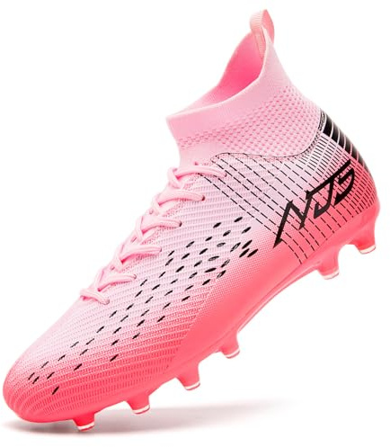 Mokayu Chaussures de Football Homme Haute Bande Spike Crampons Profession Chaussures de Foot Adultes Athlétisme Entrainement Chaussures de Sport Rose EU 43