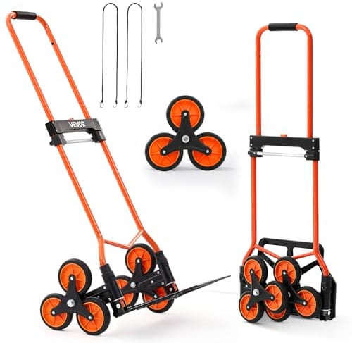 VEVOR Carretilla de Mano Plegable con Asa Telescópica, Carga Máxima 54 kg, Carro Sube Escaleras Resistente, Marco de Acero al Carbono, con 2 Cuerdas y 6 Ruedas, para Almacén Compra Oficina y Hogar