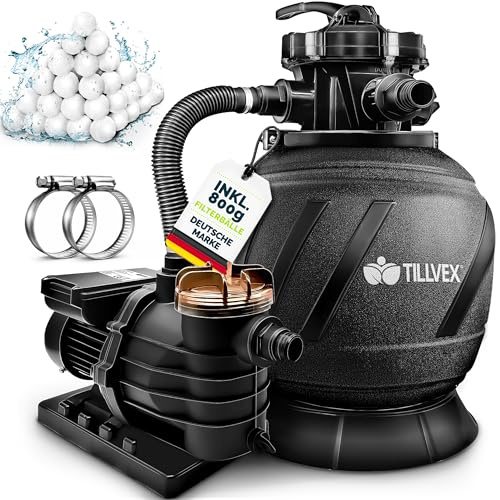 tillvex® Sandfilteranlage Pool 10 m³/h + 800g Filterbälle & 7-Wege Ventil | Filteranlage mit 2in1 Adapter Ø32 - 38mm | Sandfilter Poolfilteranlage Selbstansaugend | Poolfilter mit Druckanzeige & Pumpe