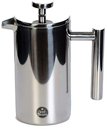 VietBeans French Press – Doppelwandiger Thermo-isolierter Kaffeebereiter Teebereiter - Polierter Edelstahl - Pressstempelkanne mit edler Optik – 350 ml