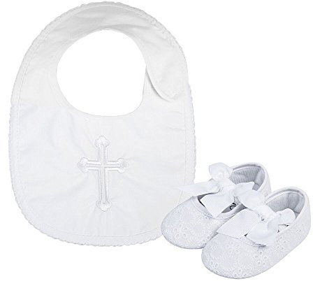 LACOFIA Baby rutschfest Weiche Sohle Weiß Taufe Schuhe mit Bestickten Cross Lätzchen